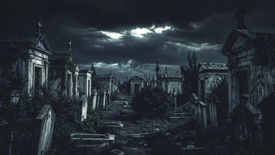 Eerie foggy cemetery at night