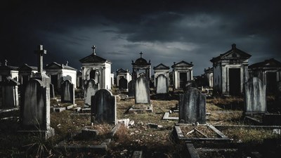 Spooky Cemetery with Tombs and Crosses