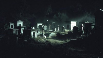 Foggy Cemetery with Tombs at Night