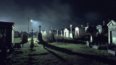 Foggy Cemetery at Night