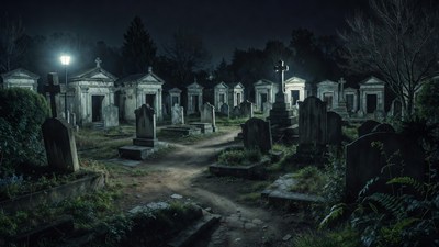 Moonlit Cemetery with Gravestones and Path