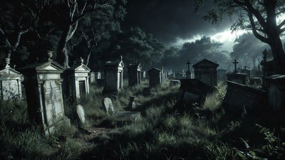 Eerie foggy graveyard at night