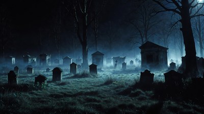 Foggy Cemetery at Night