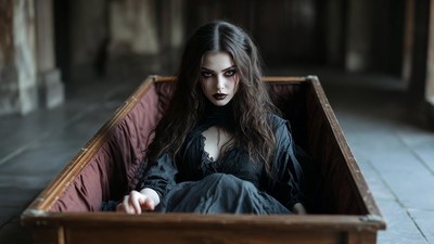 Vampire woman in wooden coffin