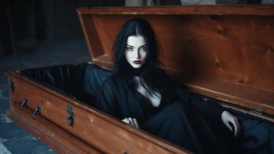 Woman lying in open wooden coffin