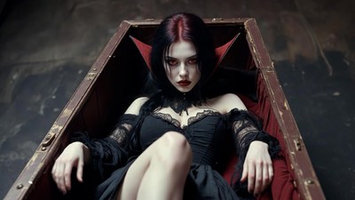 Vampire woman in open coffin