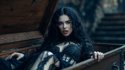 Vampire woman in open coffin