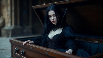 Vampire woman in open coffin