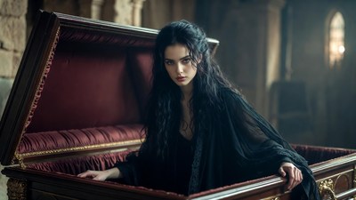 Woman rising from ornate coffin