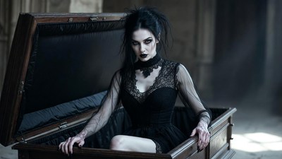 Gothic woman in open coffin