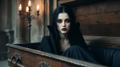 Gothic woman in wooden coffin