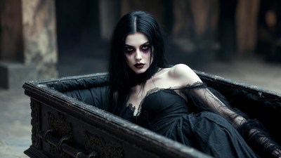 Gothic woman in black coffin