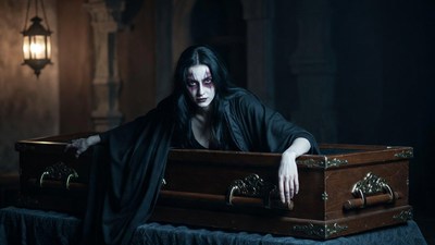 Vampire woman in wooden coffin