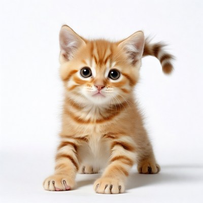 Cute orange tabby kitten on white background