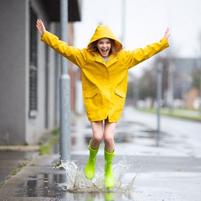 Girl jumping in puddles in yellow raincoat