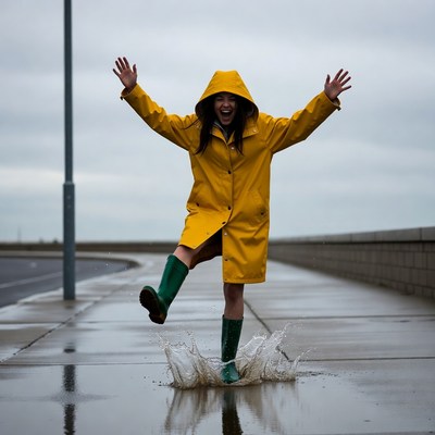 Woman jumping in yellow raincoat and green boots