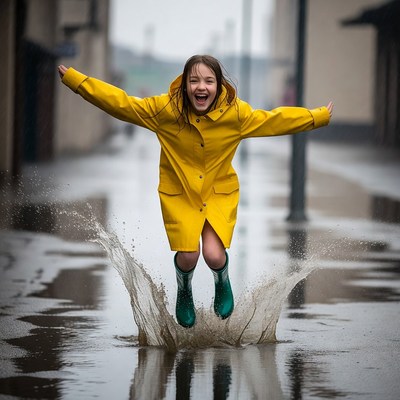 Girl jumping in rain puddles