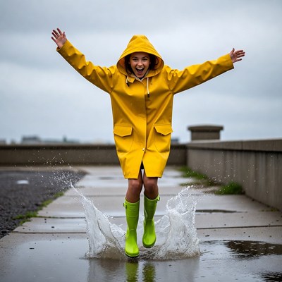 Girl jumping in puddles in yellow raincoat