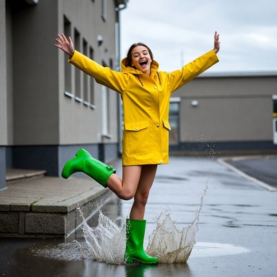 Woman jumping in puddle in yellow raincoat