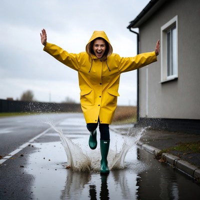 Woman jumping in puddles in yellow raincoat