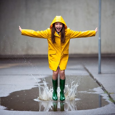 Girl jumping in puddle in yellow raincoat