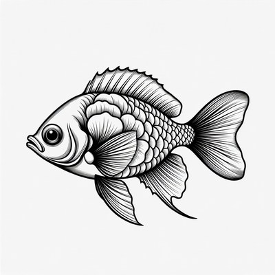 Detailed black and white cichlid fish illustration
