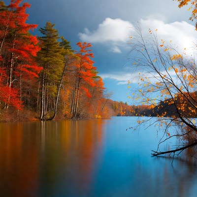 Autumn Trees Reflecting in Calm Lake