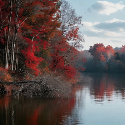 Autumn Red Trees by Lake