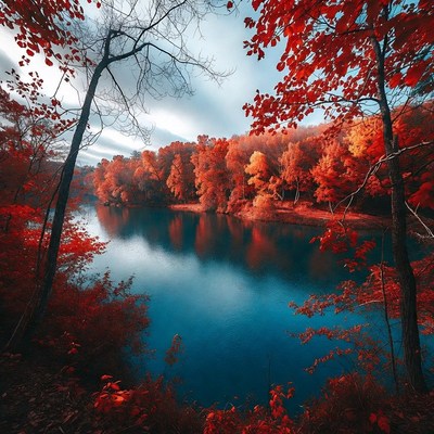 Autumn Forest Framing Blue Lake