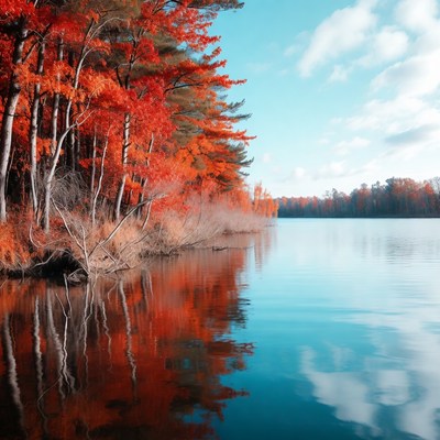 Autumn Red Trees Reflecting in Lake