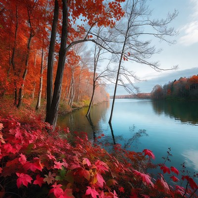 Autumn Forest by Calm Lake