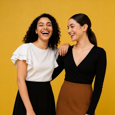 Two women laughing together on yellow background