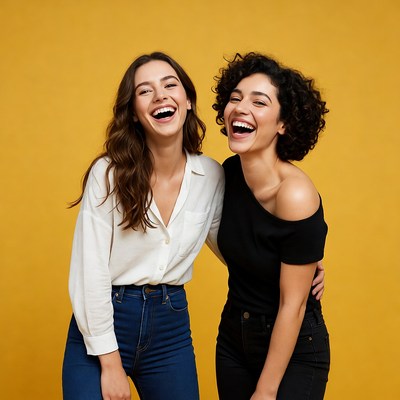 Two women laughing together on yellow background
