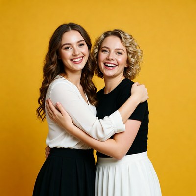 Two women hugging on yellow background