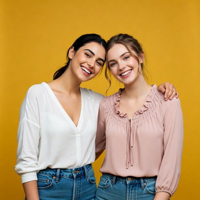 Two smiling women embracing on yellow background