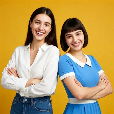 Two smiling women arms crossed yellow background