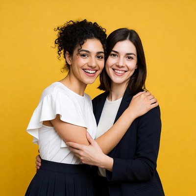 Two women hugging on yellow background