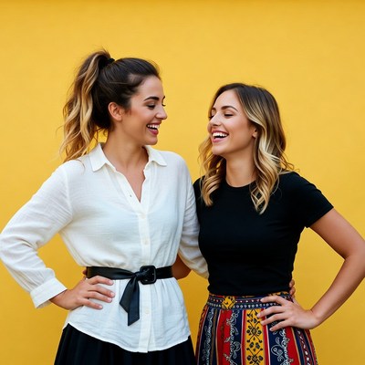 Two women laughing against yellow wall