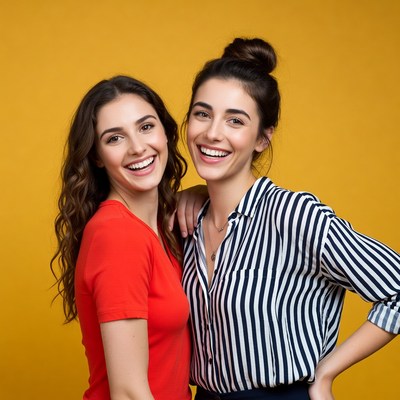 Two smiling women embracing on yellow background