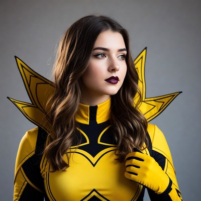 Woman in yellow black superhero costume
