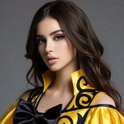 Woman in yellow dress with black bow