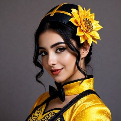 Woman in yellow qipao with sunflower headpiece