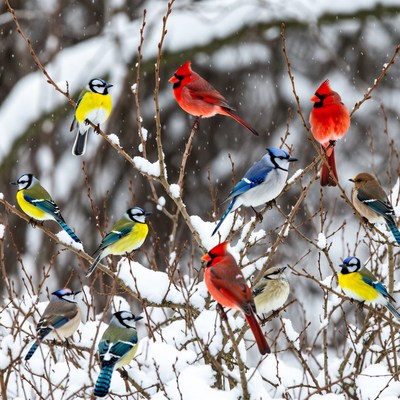 Colorful Birds on Snowy Branches