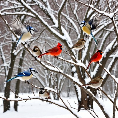 Blue Jays and Cardinals on Snowy Branches