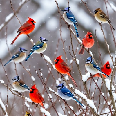Colorful Birds on Snowy Branches