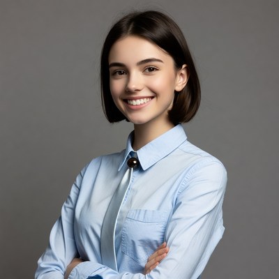Smiling woman in blue shirt and tie