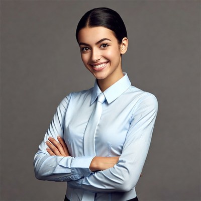Smiling woman in blue shirt with arms crossed