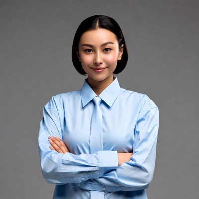 Asian woman in blue shirt and tie