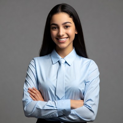 Smiling Latina woman in blue shirt and tie