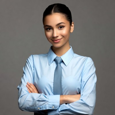 Smiling woman in blue shirt and tie